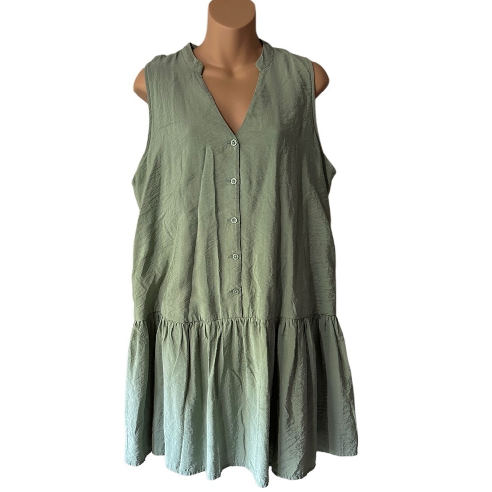 Nine West Large Sage Green Sleeveless Tiered V Neck Babydoll Smock Mini Dress